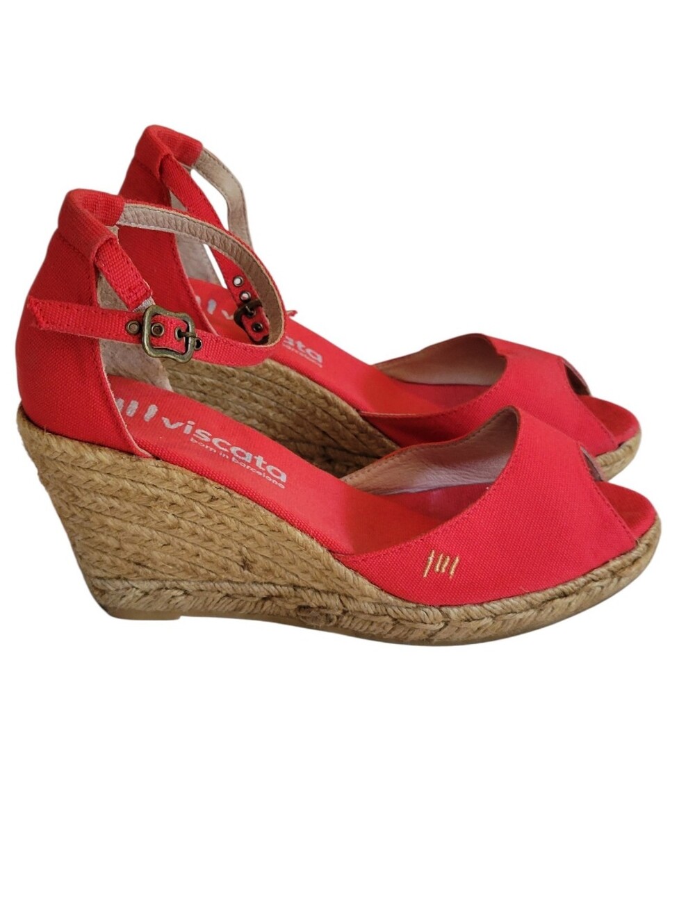 Vtg Viscata Barcelona "Aiguafreda" Red Peep Toe Canvas Espadrille Wedges Size 8